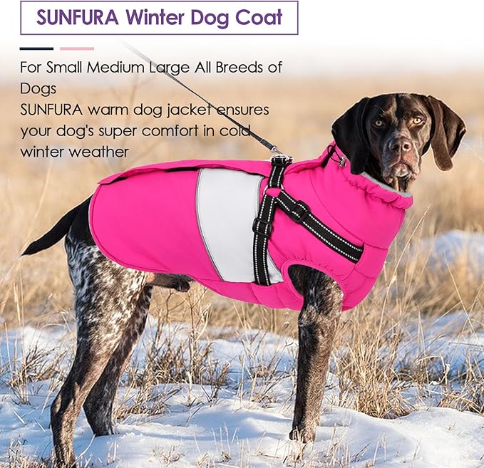SUNFURA Dog Coat, XXXL Dog Jacket Winter with Harness Built in, Waterproof Pet Snow Jacket with Furry Collar for Chilly Day, Reflective Fleece Snowsuit for Extra Large Dogs, Hot Pink 3XL