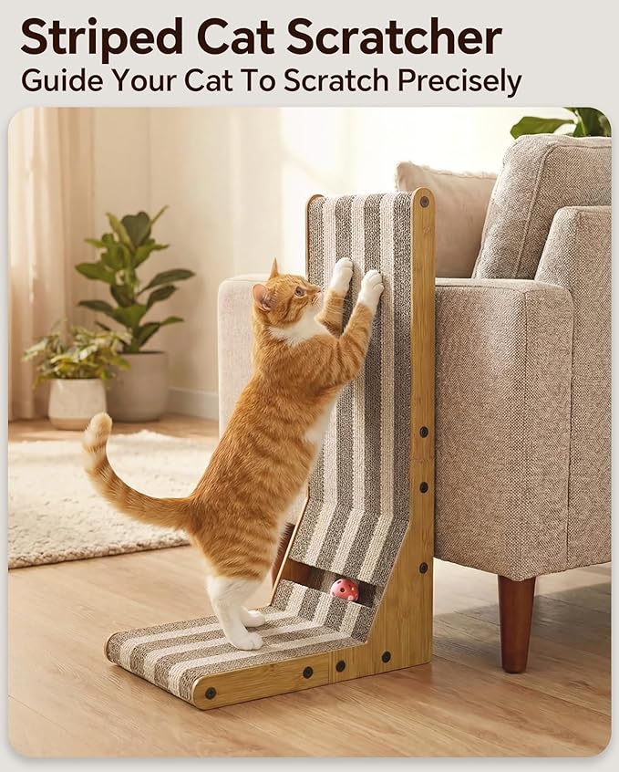 Cat Scratcher, L-Shaped 23.7" Tall Cardboard Scratching Board - 3 in 1 Wall Lean or Flat Use, Extra Thick Corrugated Cat Scratch Pad with Bell Ball Toy for Indoor Cats