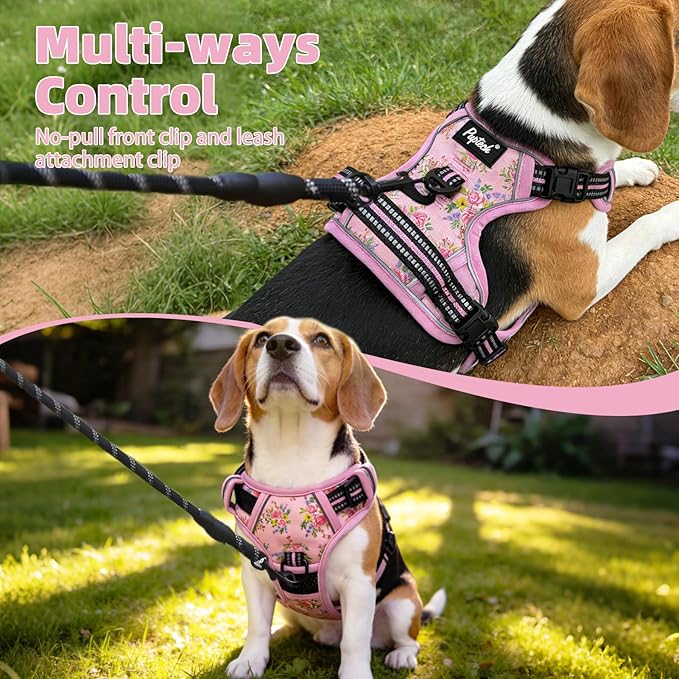 PUPTECK No Pull Tactical Dog Harness Medium Sized, Adjustable Reflective Dog Harness with Handle Easy Control, Comfortable Soft Padded Pet Vest Harness for Medium Dogs, Pink Flowers M