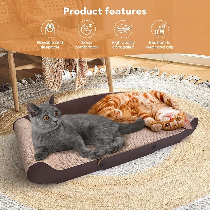 27.6'' Cardboard Cat Scratcher Bed - Extra Large Scratching Couch for Indoor Cats - Lounger Scratch Box with Cat Teaser Wand Toy and Catnip