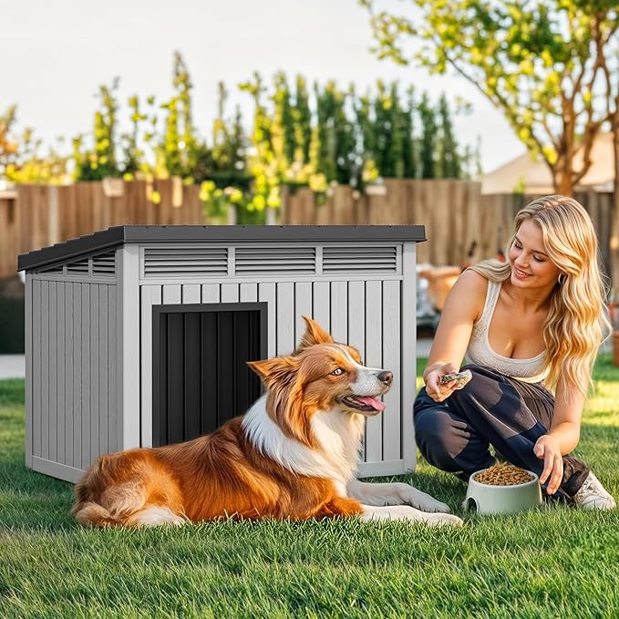 YITAHOME Plastic Dog House, Indoor & Outdoor Dog Kennel with Lift-Up Sloping Roof, Waterproof & Ventilated for Small to Medium Dogs, Easy to Clean Design, Gray