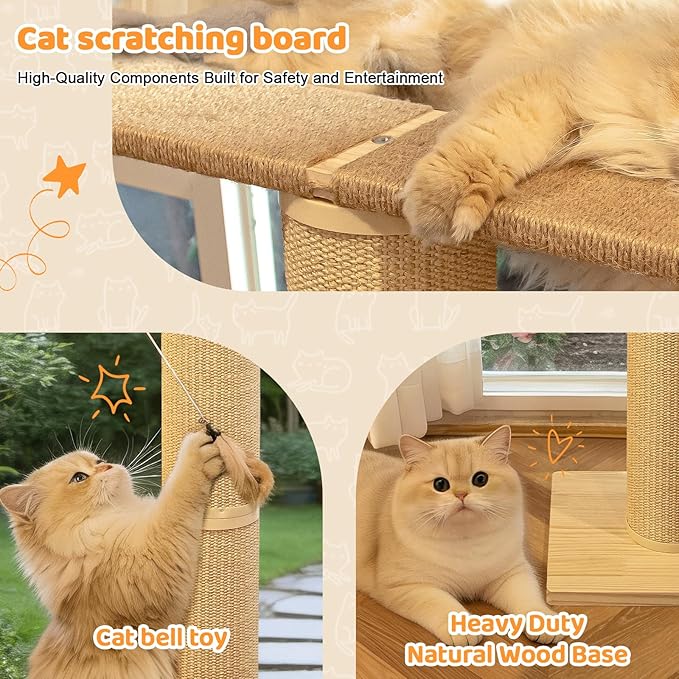 54.3" Cat Window Perch with 3 Adjustable Roman Column Sisal Posts, Gray Fluffy Cusion, Drill-Free Suction Cups, Multi-Level Bird Watching Perch, 60 lbs Capacity