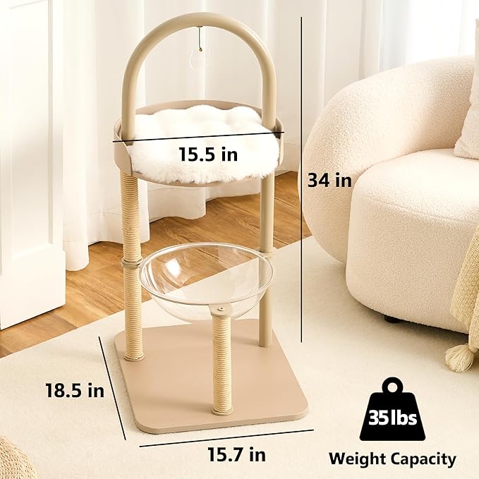 34" Modern Cat Tree Furniture, Minimalist Metal Frame Cat Tower with Wood Platforms, Washable Cushion & Scratching Post, Stylish Cat Condo for Indoor Cats, Cream Beige