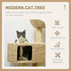 Modern Cat Tree for Indoor Cats, 38.5" Multi-Level Tower with Wicker Condo, Hammock & Scratching Posts, Beige