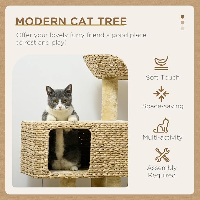 Modern Cat Tree for Indoor Cats, 38.5" Multi-Level Tower with Wicker Condo, Hammock & Scratching Posts, Beige