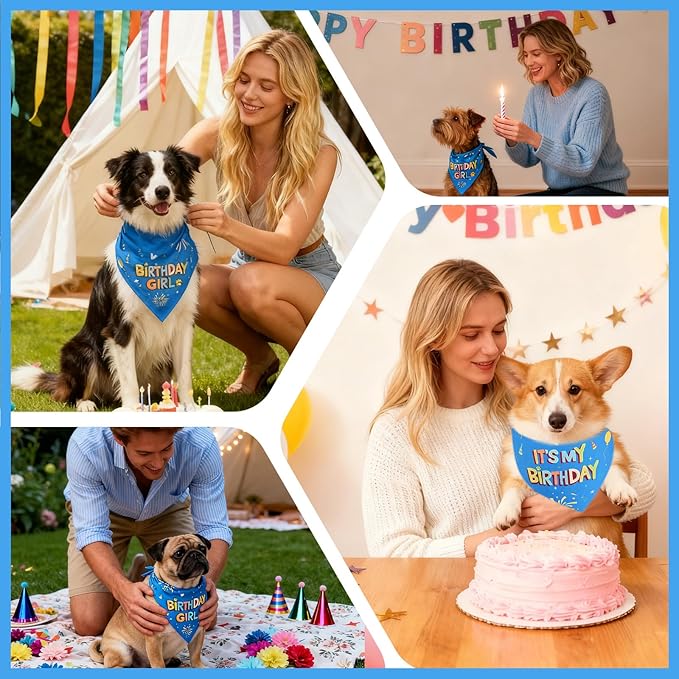 SZEE Dog Birthday Bandana, Reversible Bandanas for Dog Birthday Outfits, Pet Apparel & Accessories, Triangle Pet Scarf for Photo Prop and Holiday Decor (Large, Blue)