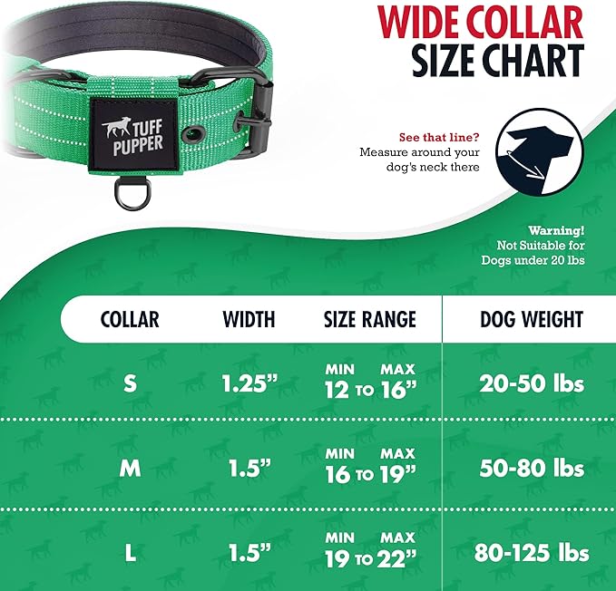 Tuff Pupper Heavy Duty Tactical Dog Collar | 1.5" Wide Ballistic Nylon | Reflective Stitching | Integrated ID Tag Holder | Stainless Steel Buckle | Padded Lining | Medium & Large Dogs (Green, Medium)