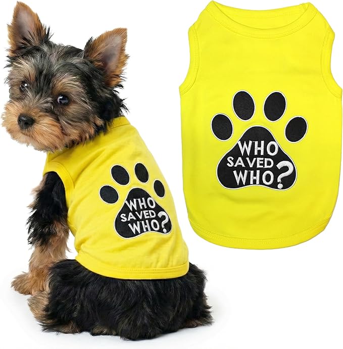 Parisian Pet Dog Shirt – 100% Cotton Shirts for Small Dogs - Sleeveless Yellow Puppy Vest with Paw Print – Breathable Pet Apparel – Pullover Summer Dog Clothes - Stretchy Funny T Shirts for Dogs