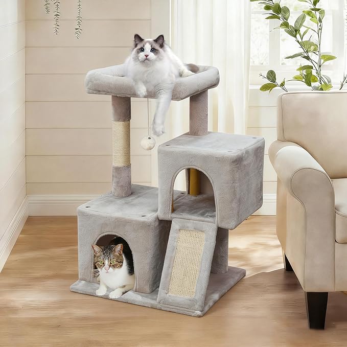 Cat Tree, 29.5 Inches Cat Tower with Dual Condos for Indoor Cats, Plush Cat House with Padded Perch, Scratching Ramp and Posts White-Gray