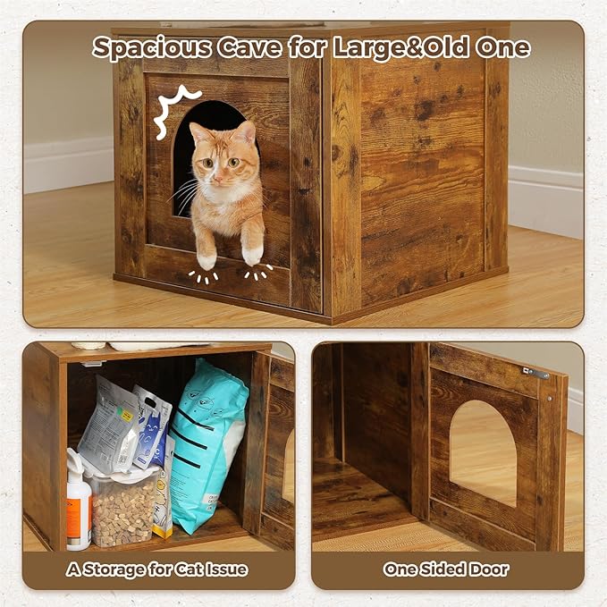 PEQULTI 57.5" Cat Tree with Litter Box Enclosure Large, Wood Cat Tower for Indoor Cats with Storage Cabinet and Cozy Cat Condo, Sisal Covered Scratching Post and Repalcable Dangling Balls, Brown