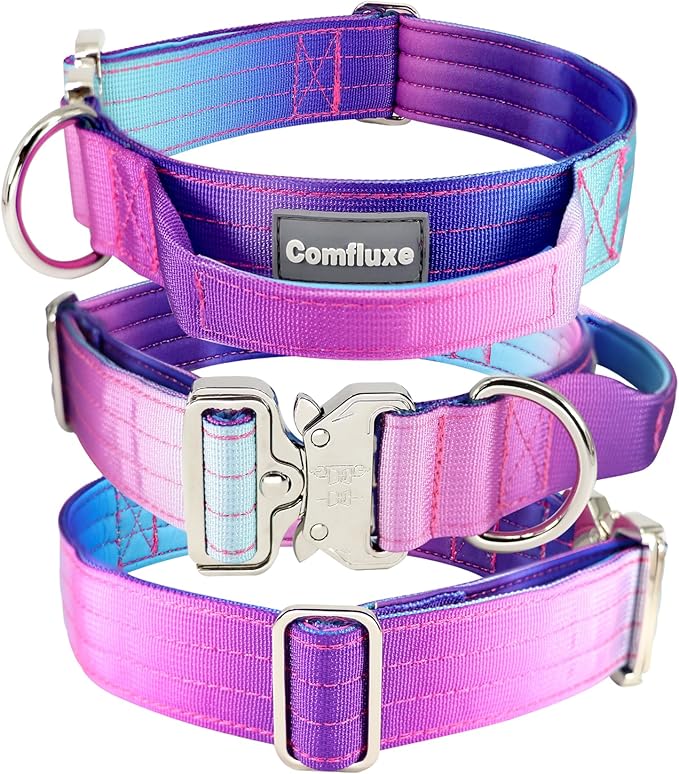 Tactical Dog Collar with Handle, Wide Thick Padded Reflective Heavy Duty Collar with Quick Release Metal Buckle for Medium Dogs (Purple, M)