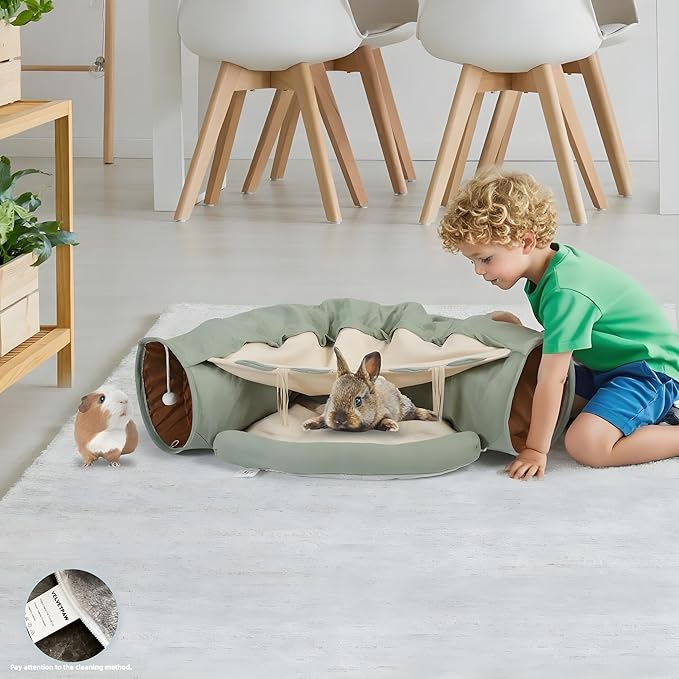 VelvetPaw 2-in-1 Foldable Matcha Bunny Tunnel & Pet Cushion Bed | Collapsible Hideout Toy with Removable Washable Soft Pad | Ideal for Rabbits, Bunnies & Kittens - Indoor Rest, Exercise & Play