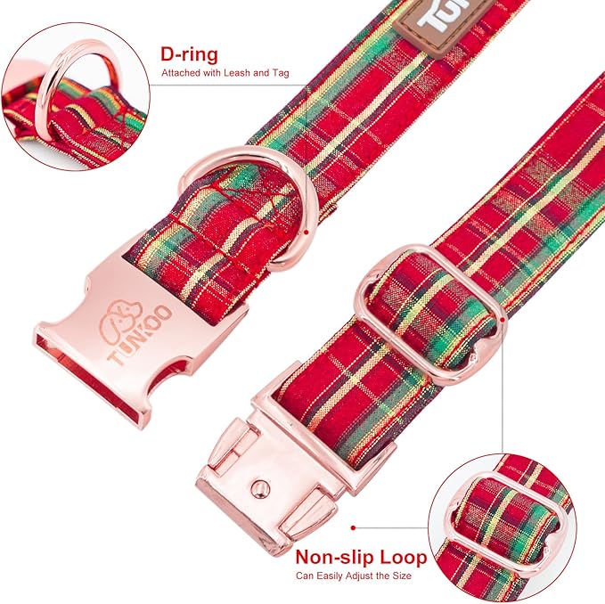 Tunkoo Dog Collar Christmas Shiny Plaid with Bow Tie, Rose Gold Metal Buckle Durable Adjustable Dog Collars - for Small Medium Large Festive Pets Collar, S