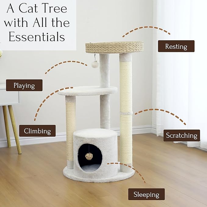 PetPals 4-Level Multi-Activity Cat Tree with Base Condo,Handwoven Paper Rope Top Nest Bed, Replaceable Sisal Scratching Posts,Teaser Toy (Cream and Beige)