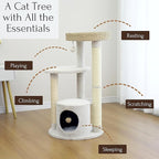 PetPals 4-Level Multi-Activity Cat Tree with Base Condo,Handwoven Paper Rope Top Nest Bed, Replaceable Sisal Scratching Posts,Teaser Toy (Cream and Beige)