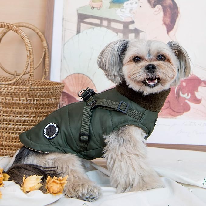 Puppia Donavan Winter Dog Coat with Integrated Harness No Pull Cold Weather Waterproof Warm Fleece Back Zipper for Small & Medium Dog, Khaki, X-Large