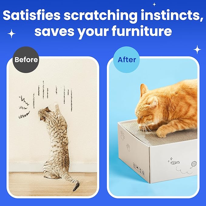5-Pack Double-Sided Cat Scratchers with Box & Fish Toy - Reversible Cat Scratch Pad for Indoor Cats, Durable Corrugated Cardboard Cat Scratcher for Cats to Rest and Play, Furniture Protector