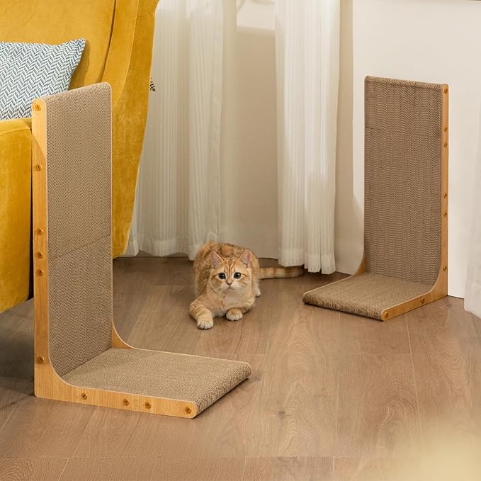 Cardboard Cat Scratcher, 23" L-Shaped Scratch Pad, Vertical Wall-Leaning Scratching Board to Protect Furniture for Indoor Cats,Wood Grain Large