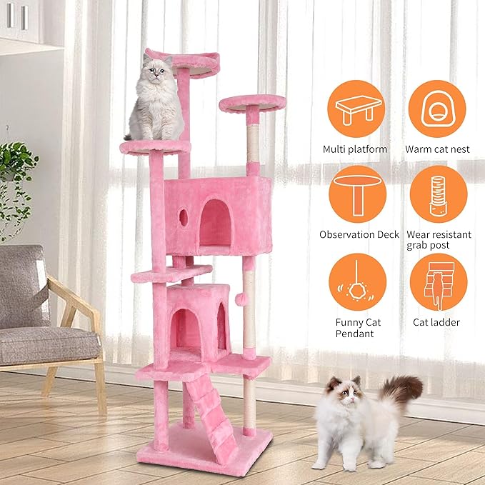 Heavy Duty Cat Tree, 70 Inch Tall Tower With 3 Top Perches Platforms & 2 Cozy Condos, Climbing Tower With Ladders & Sisal Pole, Scratching Tree for Large Cats Play House, Pink
