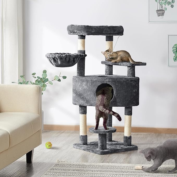 Topeakmart 46'' Cat Tree Cat Tower, with Thicker Scratching Posts, Larger Plush Perch, Spacious Condo, Basket, Multi-Level Cat Condo Furniture for Indoor Cats Kitty Pet Play House