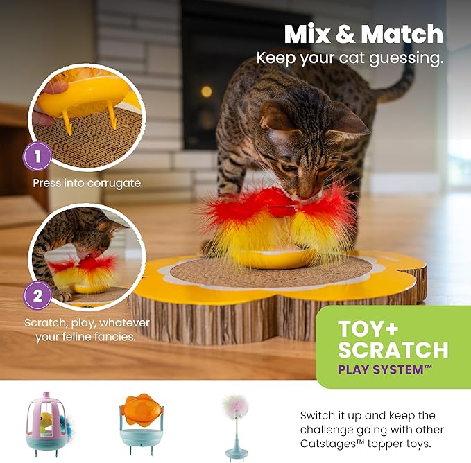 Catstages Daisy Scratch and Spinning Catnip Toy Bundle Cat Scratcher with Topper for Interactive Play, Two Toys in One, Multicolored
