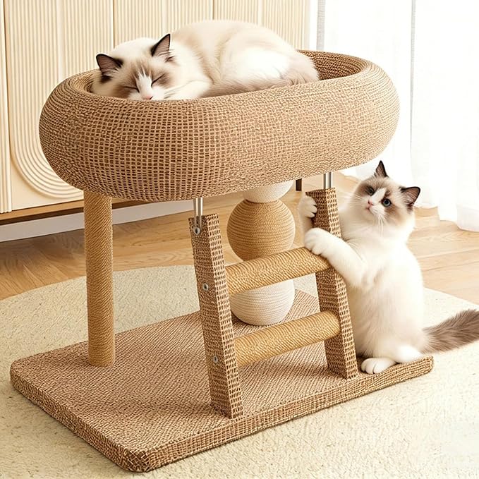 Cat Tree Tower, Multi Functional Climbing Frame with Scratching Post and Cozy Bed, Multi Level Climbing Activity Center for Indoor Cats to Play and Rest, Compact Design for