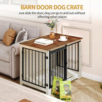39.4" Heavy Duty Dog Crate Furniture with Barn Door, Wood Indoor Dog Crate Kennel for Small/Medium/Large Dogs, End Side Table, TV Stand, Anti-Chew Anti-Escape, White Brown DFC02314B