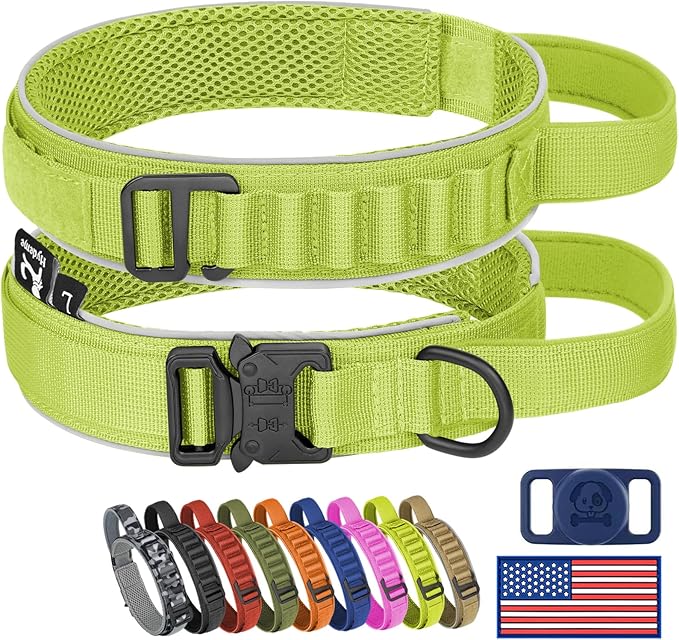 HYDEME Tactical Dog Collar, Alpine Loop Adjustable Military Training Nylon Dog Collars with Handle and Reflective for Small Medium Large Dogs, with Airtags Protective Case & Patches.(M,GrassGreen)