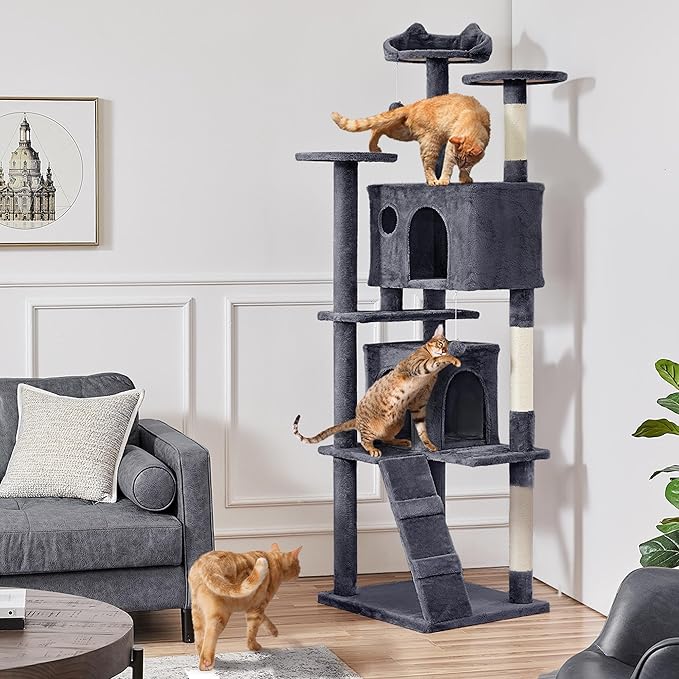 Topeakmart Cat Tree, 80-Inch Cat Tower for Indoor Cats, Multi-Level Cat Condo with Scratching Posts, Padded Perches and Ladder, Cat Stand House Furniture, Dark Gray