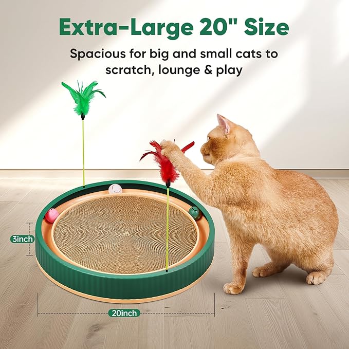 20-Inch Round Cat Scratcher Bed with Ball Track – 3-in-1 Interactive Cardboard Scratching Pad with Feather Toy & Non-Slip Base – Great for Indoor Cats, Active Kittens & Large Breeds (Green)