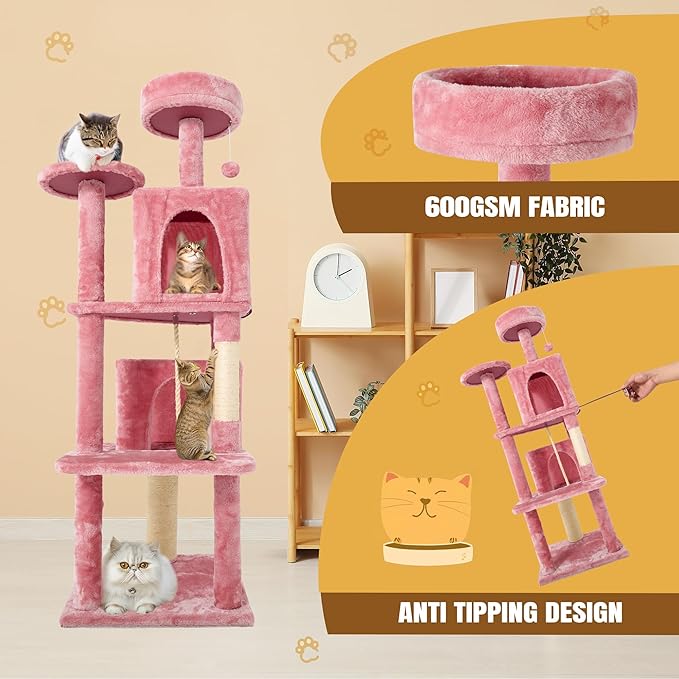 58" Cat Tree Large Cat Tower Condo w/Multi-Level Scratching Post for All Indoor Cats (Pink)
