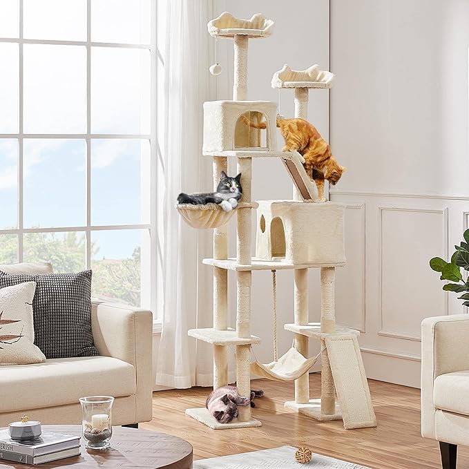 Topeakmart Cat Tree, 82.5in Climbing Tower with 2 Kitten-Ear-Style Top Perches, Hammock, Basket, Scratching Posts, Multilevel Pet Furniture Activity Center for Indoor Felines, Beige