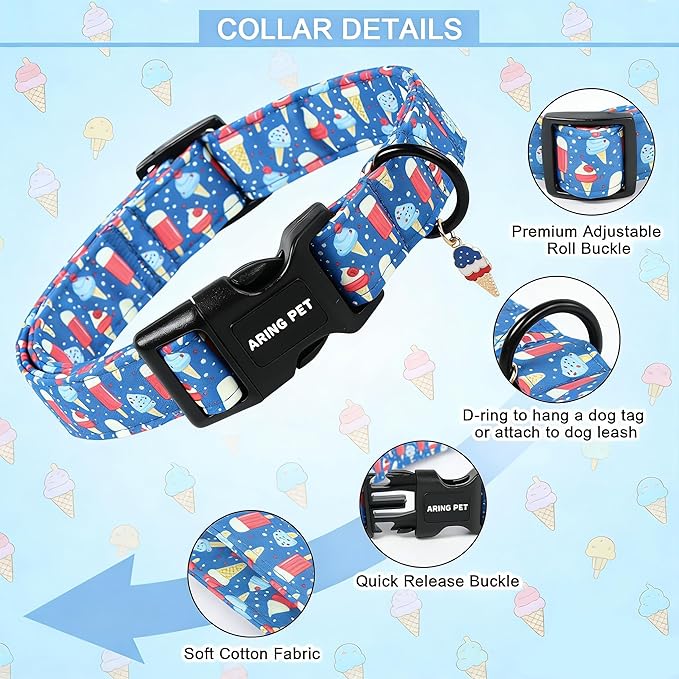 ARING PET Summer Dog Collar, Cute Blue Ice Pop Ice Cream Pet Collars for Puppy Small Medium Large Female Girl Dogs-L, for Daily Walking Training Beach Outdoor Play