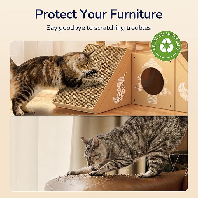 DIY Cardboard Cat House, Multi-Level Cat Tree Tower with Scratching Posts, Scratching Board, Tunnel & Playhouse for Kittens & Adult Cats, Recyclable 61″ × 36.6″ × 40.2″, Kraft Brown
