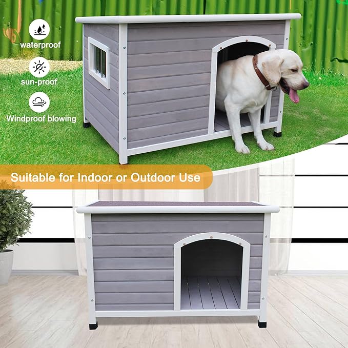 Rockever Waterproof Large Dog Houses Outdoor Indoor, 44" Wooden Elevated Outdoor Dog Houses with Window for Small to Large Sized Dogs, Easy Clean and Assemble