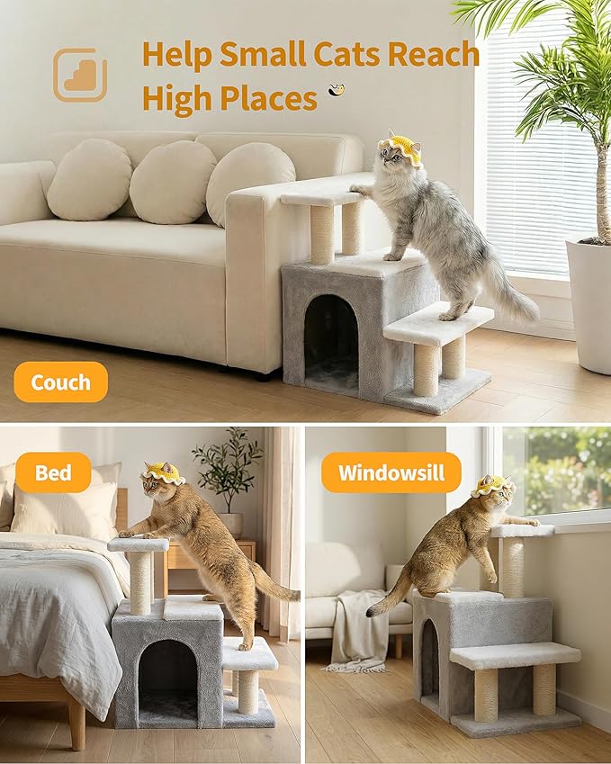 3-in-1 Cat Stairs for High Bed Couch, Multifunctional, Dog Steps for Small Doggie Pet Rabbits,19'' Tall, Beige, Medium