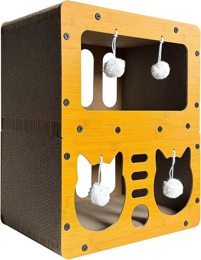 Cardboard Cat House, 2-Tier Large Cardboard Cat Scratcher House with Toys for Indoor Small Cats
