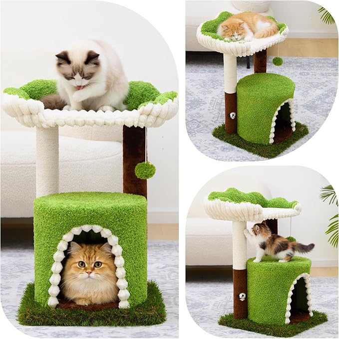 Multi-Level Cat Tree with Sisal Scratching Post, Small Cat Tower with Cozy Condo, Soft Top Perch and Interactive Toy Mouse, Cute Forest Design Cat Furniture for Indoor Cats and Kittens