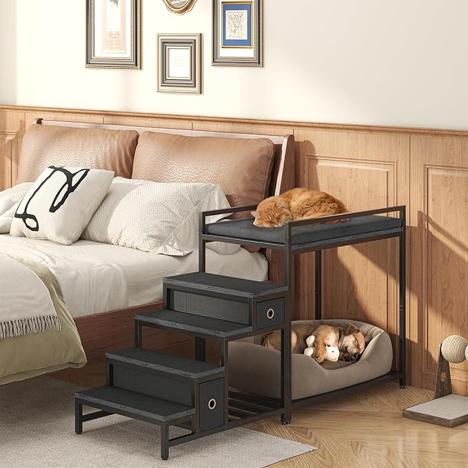 Pet Bunk Bed with Removable Stairs and 2 Drawers, Dogs/Cats Window Perch, Dog Window Seat with Soft Cushion, Ultra-Shallow Steps, Sturdy Metal Frame, Non-Slip, Load Capacity 60 LBS