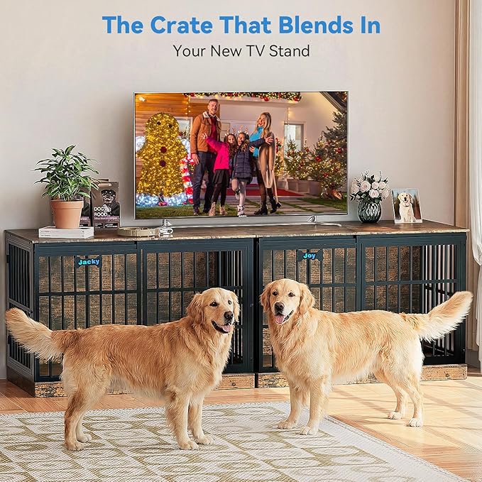 Petrova 47" Dog Crate Furniture with Name Tag, Heavy Duty Dog Kennel Indoor for Large/Medium Dogs, Wooden Dog Cage with Sliding Door, Decorate House as TV Stand, End Table, Rustic Brown
