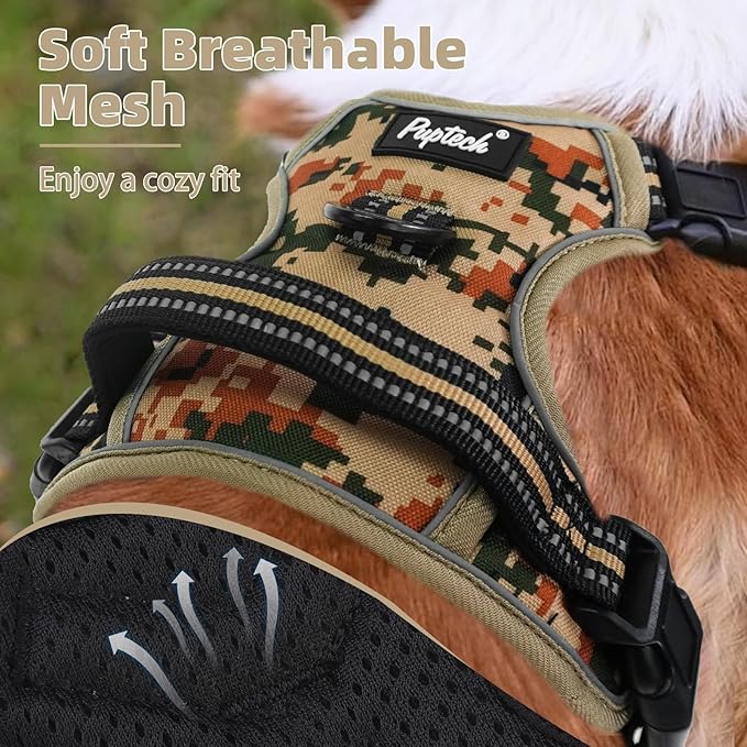 PUPTECK No Pull Tactical Dog Harness for Large, Adjustable Reflective Dog Harness with Handle Easy Control, Comfortable Soft Padded Pet Vest Harness for Extra Large Dogs, Camouflage XL