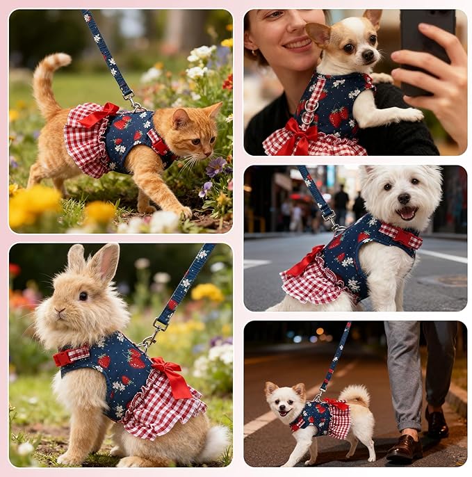 EXPAWLORER Dog Harness Small Medium Sized Dogs, Plaid Dog Dress Bowknot Harness and Leash Set, No Choke No Pull Soft Mesh Vest Cute Princess Puppy Outfits Clothes Costume for Girls Party Cats Navy S