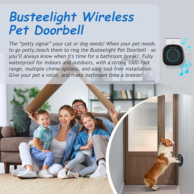 Soft Ring Blk Dog Bells to Go Outside - Wireless Dog Door Bell with 1000ft Range, 60 Melodies, LED, Waterproof Potty Training Bell for Dogs - Dog Door Bells for Potty Training(1 Bell & 1 Receiver)