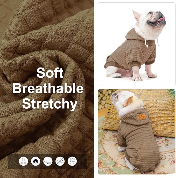 BEAUTYZOO Small Dog Hoodie Sweater with Pockets, Dog Clothes for Small Medium Dogs Boy Girl, Waffle-Like Laminated Cotton Pet Coats with Hat and Leash Hole, Khaki S