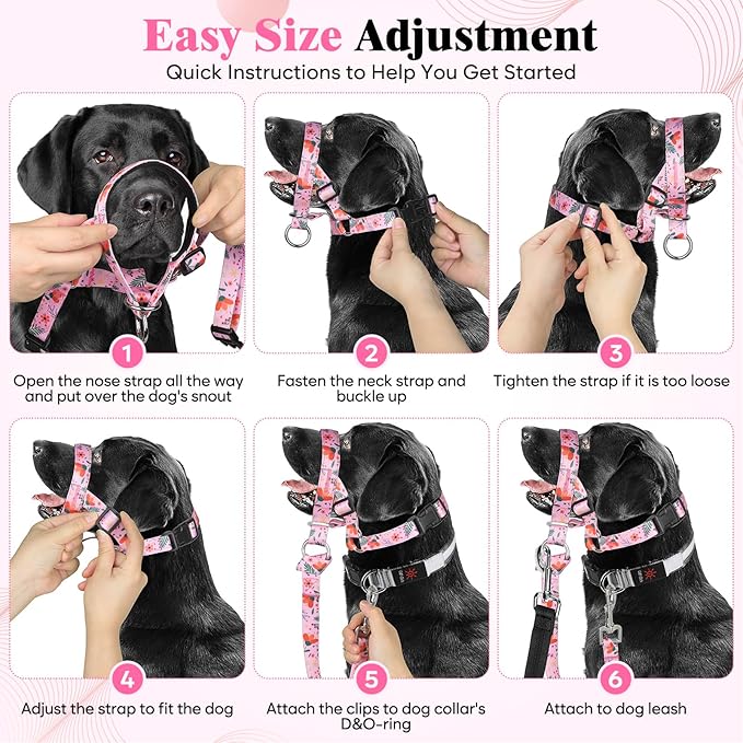 HIGO Dog Head Collar, Adjustable Head Collar for Dogs, No Pulling Head Halter, Training Nose Leash, 3 Pattern Muzzle Leash for Small Medium Large Dogs Easy Walking (Pink, M)