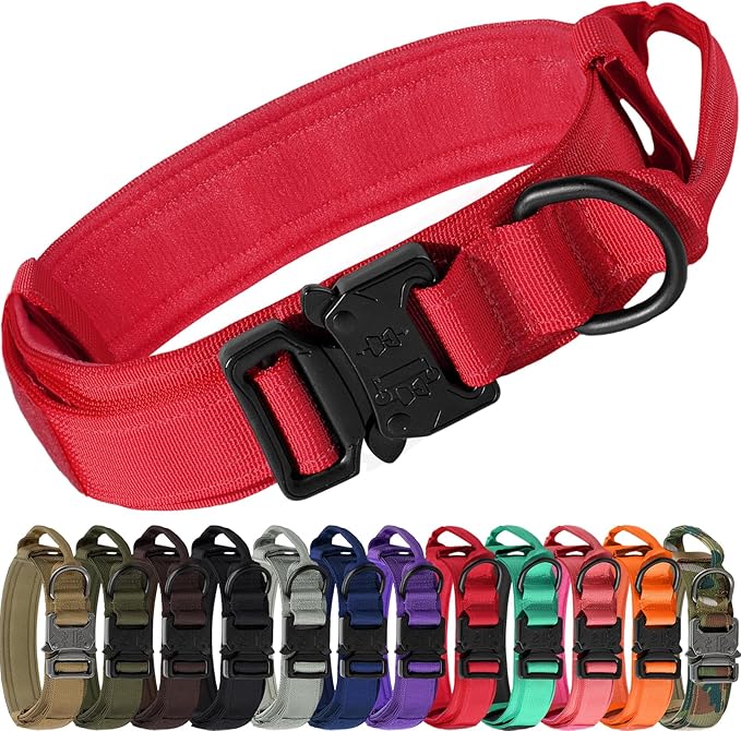 Joytale Tactical Dog Collar with Handle and Metal Buckle, Heavy Duty Padded Military Collar with 2 Patches for Training, Adjustable for XLarge Dogs, Red, XL