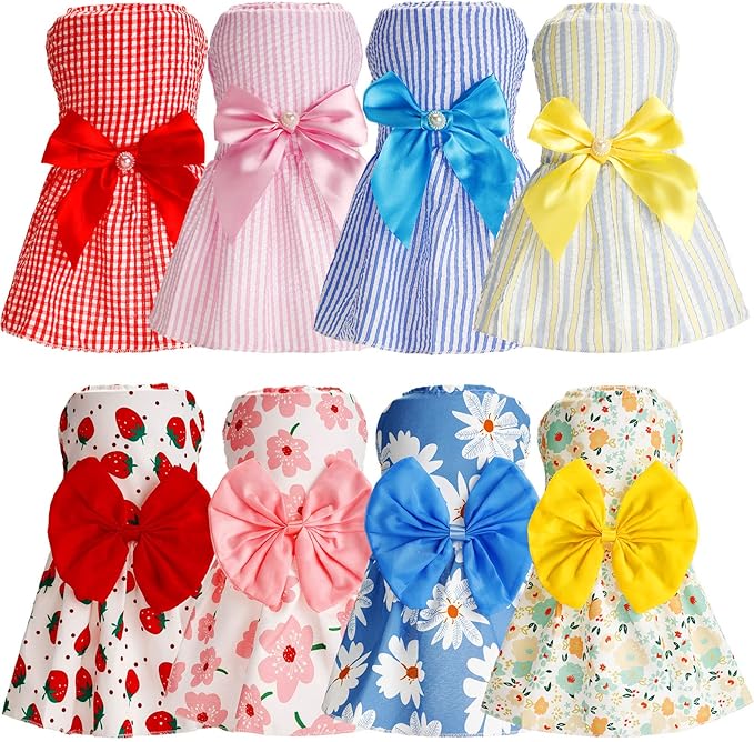 Sanwuta 8 Pieces Dog Bowknot Dresses Puppy Clothes Outfits Princess Dresses Soft Lightweight Summer Fruit Floral Pattern Pet Skirts for Girl Puppy(Cute,XX-Large)