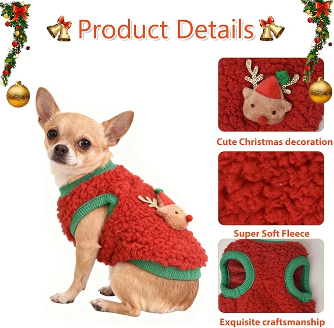 FLAdorepet 3 Packs Christmas Teacup Dog Cat XXS Clothes for Chihuahua Yorkie,Winter Warm Fleece Puppy Pet Clothes Sweater Shirt Vest for Mini Newborn Extra Small Dogs (Christmas, XXXS(Pet Under 1LBS))