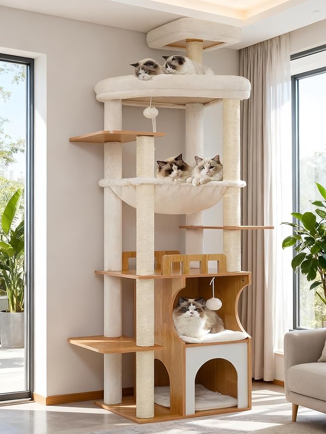Cat Tree, 70.9 Inch Wood Cat Tower for Large Cats Adult, Modern Cat Furniture with Double-Layer Wooden Cat Condo, 2 Platforms, Large Hammock and Scratching Posts, Walnut GCT102WB