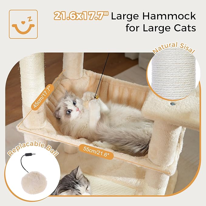 72” Cat Tree for Large Cats Big Cat Tower with Enlarged Hammock 21.6x17.7” Spacious Cats Condo House, Roomy Top Bed,Multiple Scratch Posts and Pad for Indoor Adult Cats (Beige, XLarge-72)